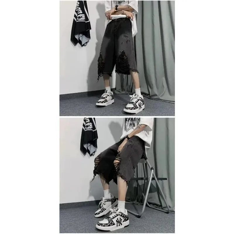 Men's Jeans Ripped Denim Man Pants Cropped Pants Casual Summer Vintage Streetwear Wide Leg Stylish — image 7