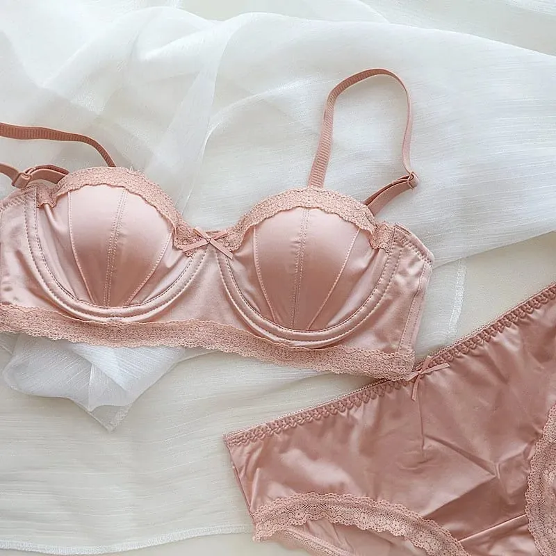 บราดันทรง underwire ของสาวฝรั่งเศส ลูกไม้หวานขอบชุดชั้นในครึ่งถ้วย ถ้วยบางของผู้หญิงพร้อมชุดชุดชั้นในป้องกันการหย่อนคล้อย