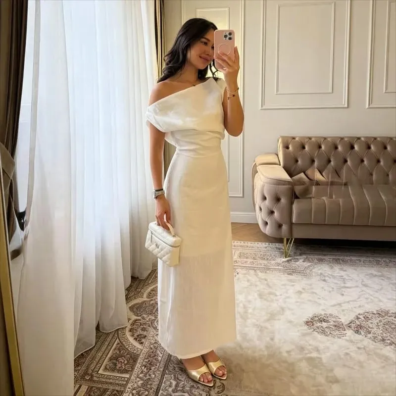 Elegant One Shoulder Asymmetric Pleated Long Dress Chic Solid Color Slanted Collar Slim Cinched Slit Cotton Linen Blend Dresses — image 1