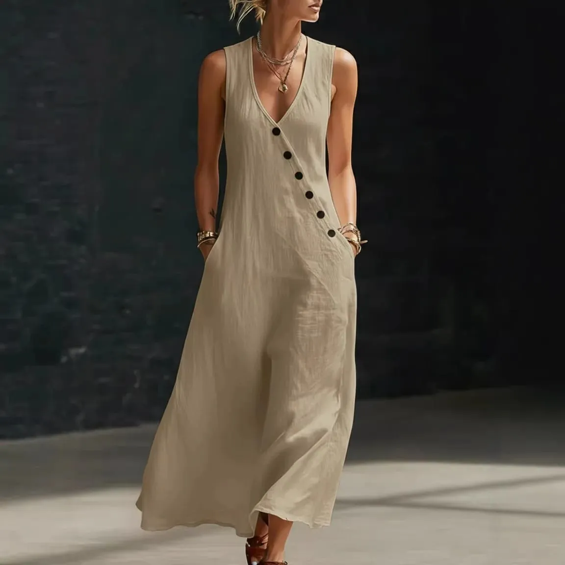 2026 Casual Sleeveless Loose Maxi Dress Women Summer Fashion Solid Color V-neck Holliday Elegant Long Dresses — image 4