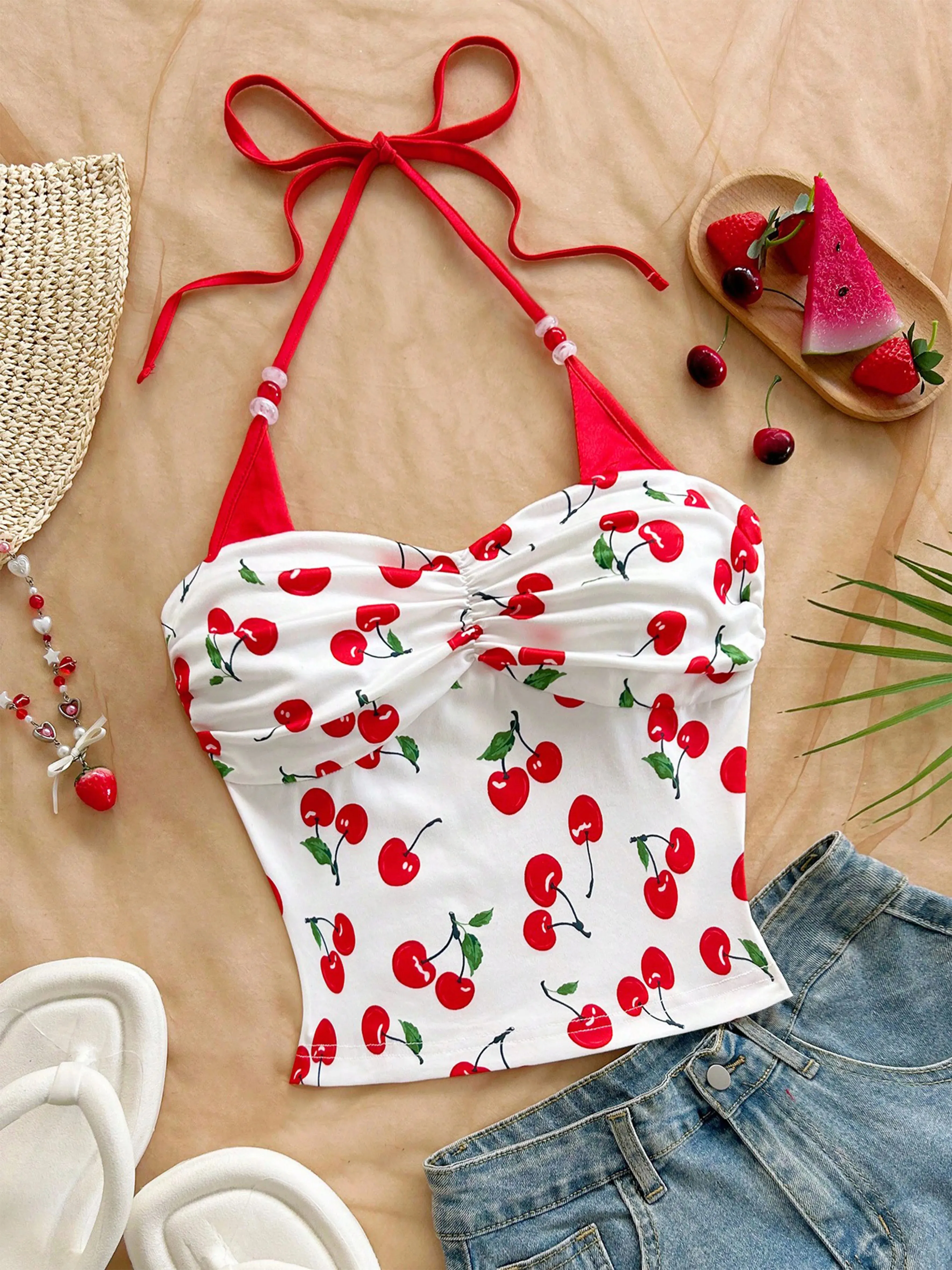 Women's Cherry Printed Color-blocking Beaded Halter Top Summer Beach Vacation Beach Party Summer Party — image 2