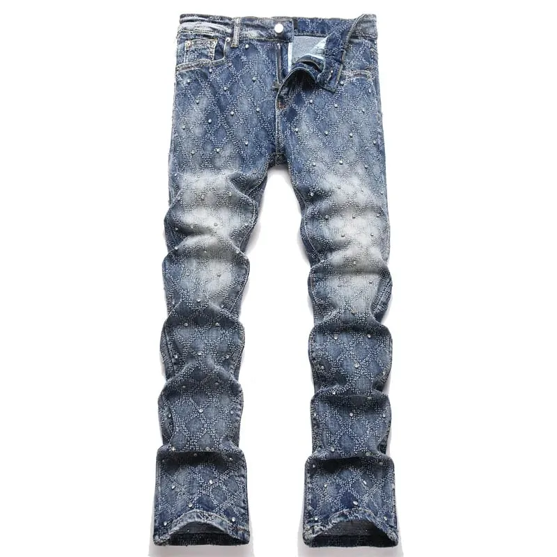 Men's Y2K Hip-hop Jeans American Retro Washed Blue Denim Pants Diamond Pattern Rivets Streetwear Slim Fit Party Male Trousers