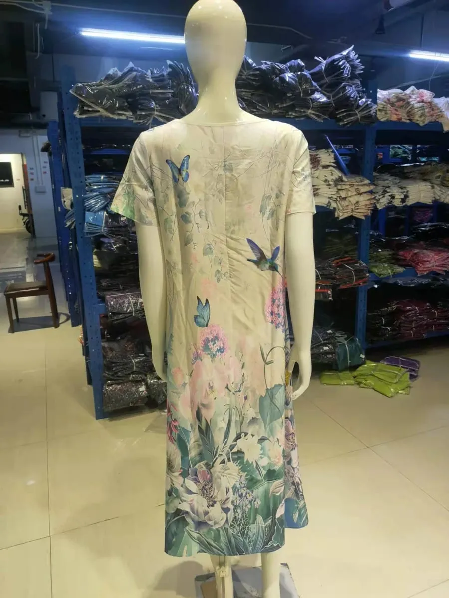 Women Dresses 2026 Spring autumn New floral printed V-neck button short-sleeved pocket long dresses women's clothing vestidoes