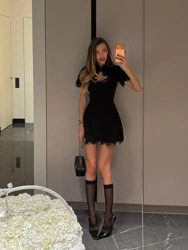 Ahagaga Sexy Women's Mini Dresses Patchwork Short Sleeves Lace Hollow Out Slim Fit Trend Baisc Turtleneck Streetwear Female Robe — image 2