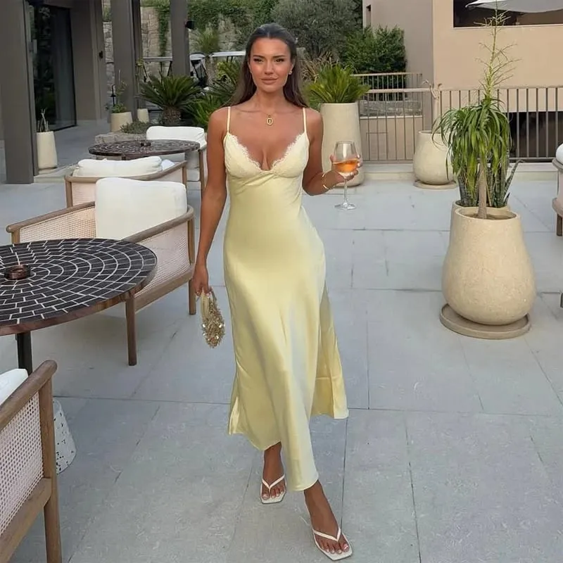Sexy Yellow Satin Lace Patchwork Dress Spaghetti Strap Sleeveless V Neck Bias Cut Female Dresses 2026 Summer Evening Party Robe