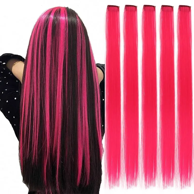 5 Pieces of Colorful Hair Clips 24 Inch Long Straight Fake Hair Clips Combined for Christmas Fashion Wig Pieces — image 13