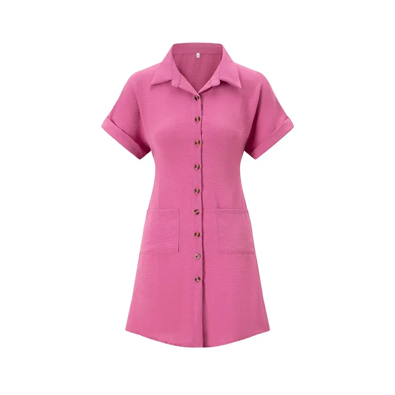 2026 European and American Cross Border Leisure Solid Color Cotton Hemp Buckle Long Short Sleeve Loose Shirt Dress Women's Wear — image 12