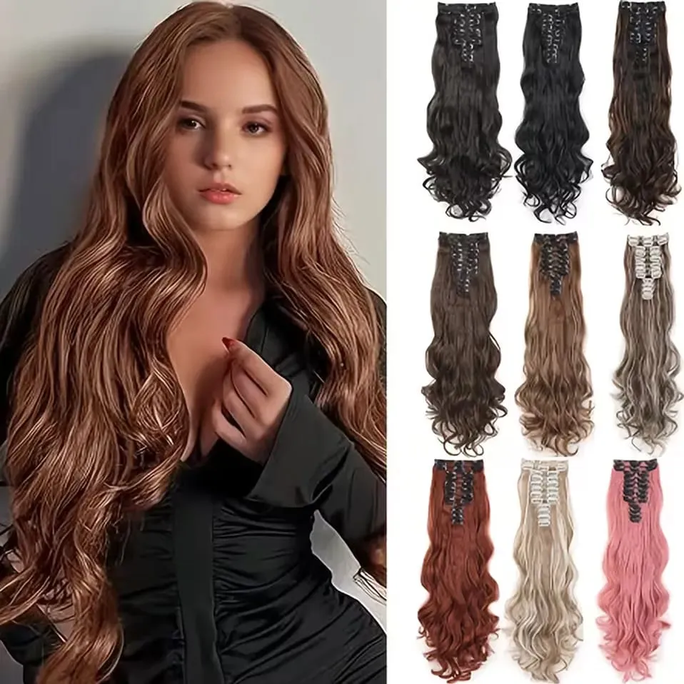 180g 12PCS Wavy Clip in Hair Extensions 22" Long Synthetic Thick Clip On Hair Extensions for Women Full Head Hairpiece — image 1