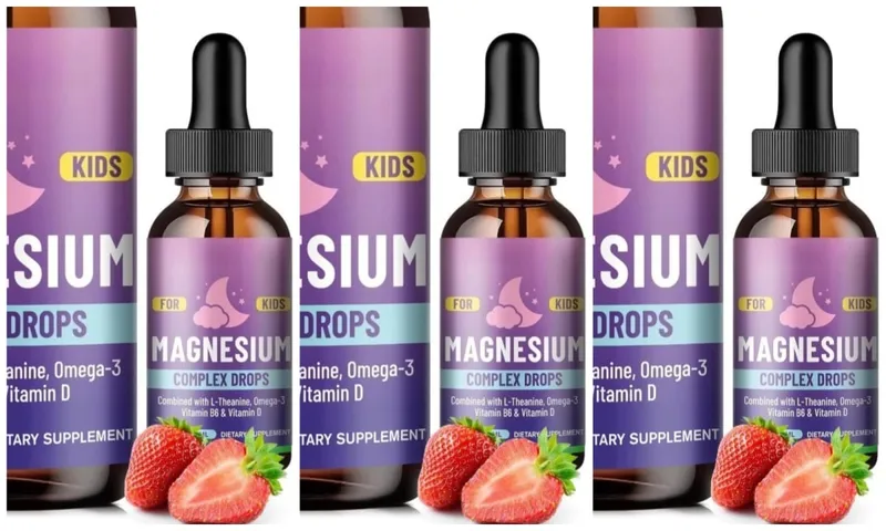 Magnesiumglycinat-Flüssigkeitstropfen für Kinder mit L-Theanin, Omega-3, Vitamin B6, D3 zur Schlafentspannung, 2 Fl Oz, Erdbeergeschmack