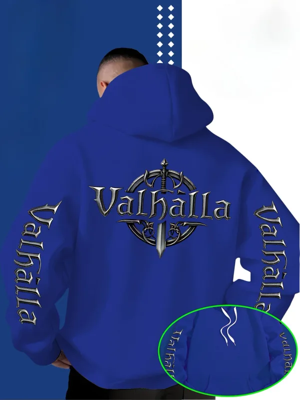 Sweat à capuche ample Viking Valhalla avec logo imprimé en forme d'épée pour homme, adapté pour l'automne et l'hiver. — image 5