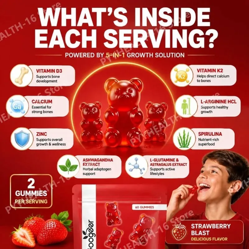 Googeer 5-IN-1 Growth Solution Gummies for Bone Development & Height Support Vitamin D3 K2 Calcium Strawberry Blast 60 Gummies