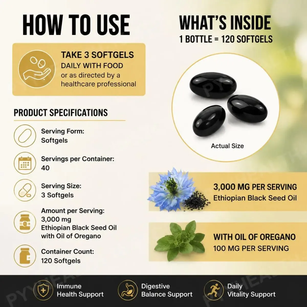 Ethiopian Black Seed Oil Softgels 3000mg with 100mg Oregano Extract for Immune Digestive and Daily Vitality Support 120 Count — image 5