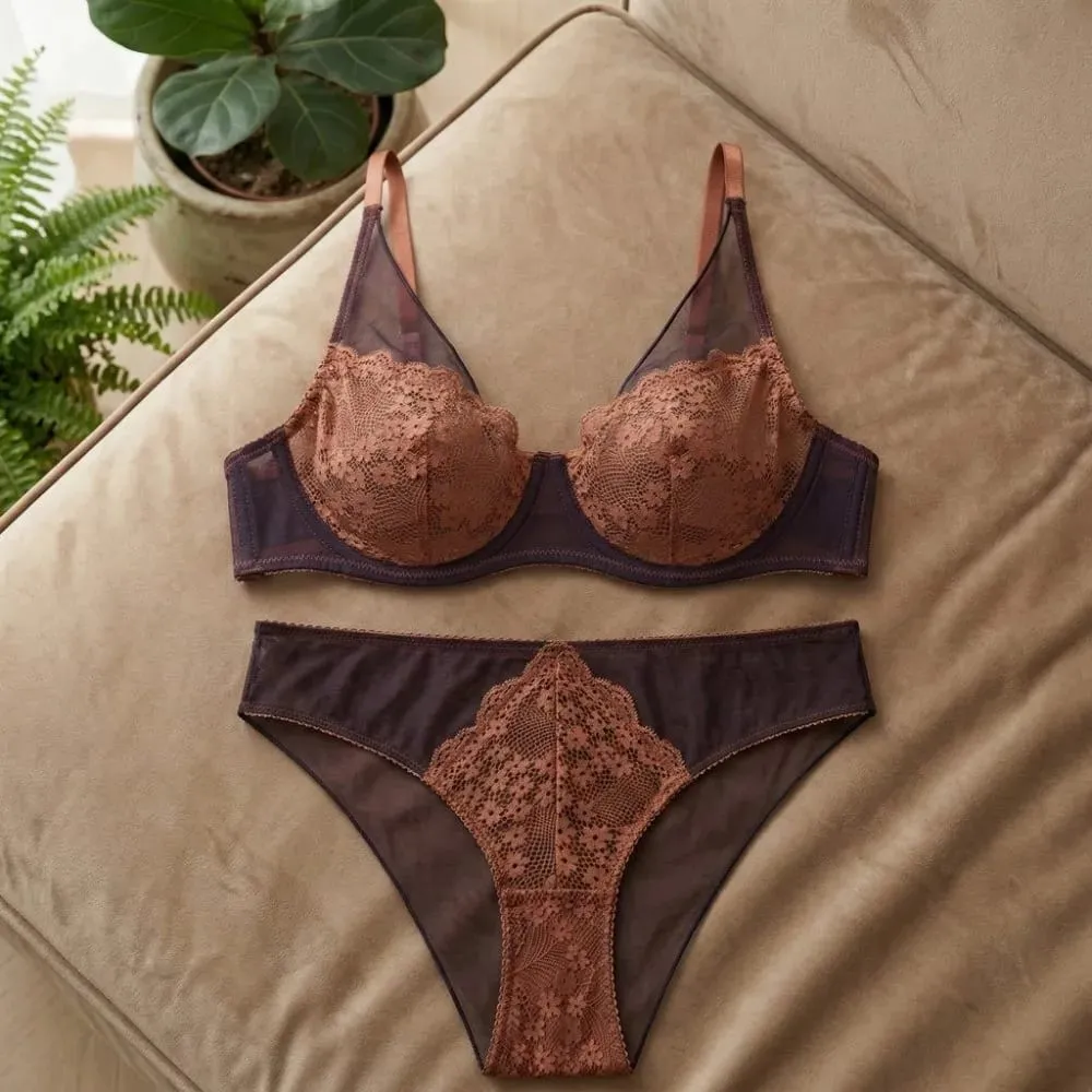 French Vintage Mesh Lace Flower Bra Set Brassiere Underwear Push Up Bra Women Lingerie Thin Mesh Bra Panties Kit Lady — image 5