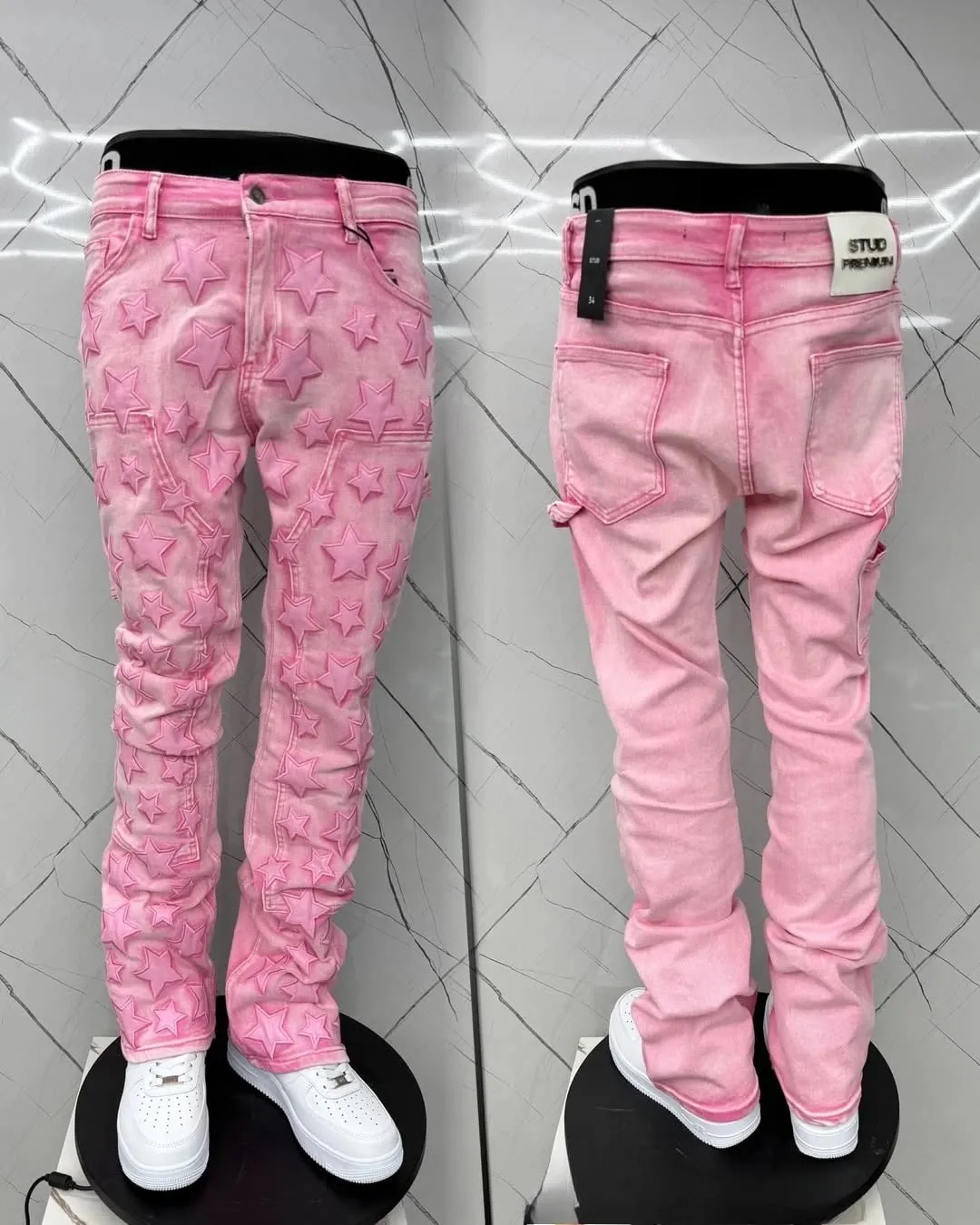 Men's Patch Five-pointed Star Washed Pink Fashionable Versatile Style Straight Leg Jeans Punnk Hip Hop Style Basic Denim Pants — image 3