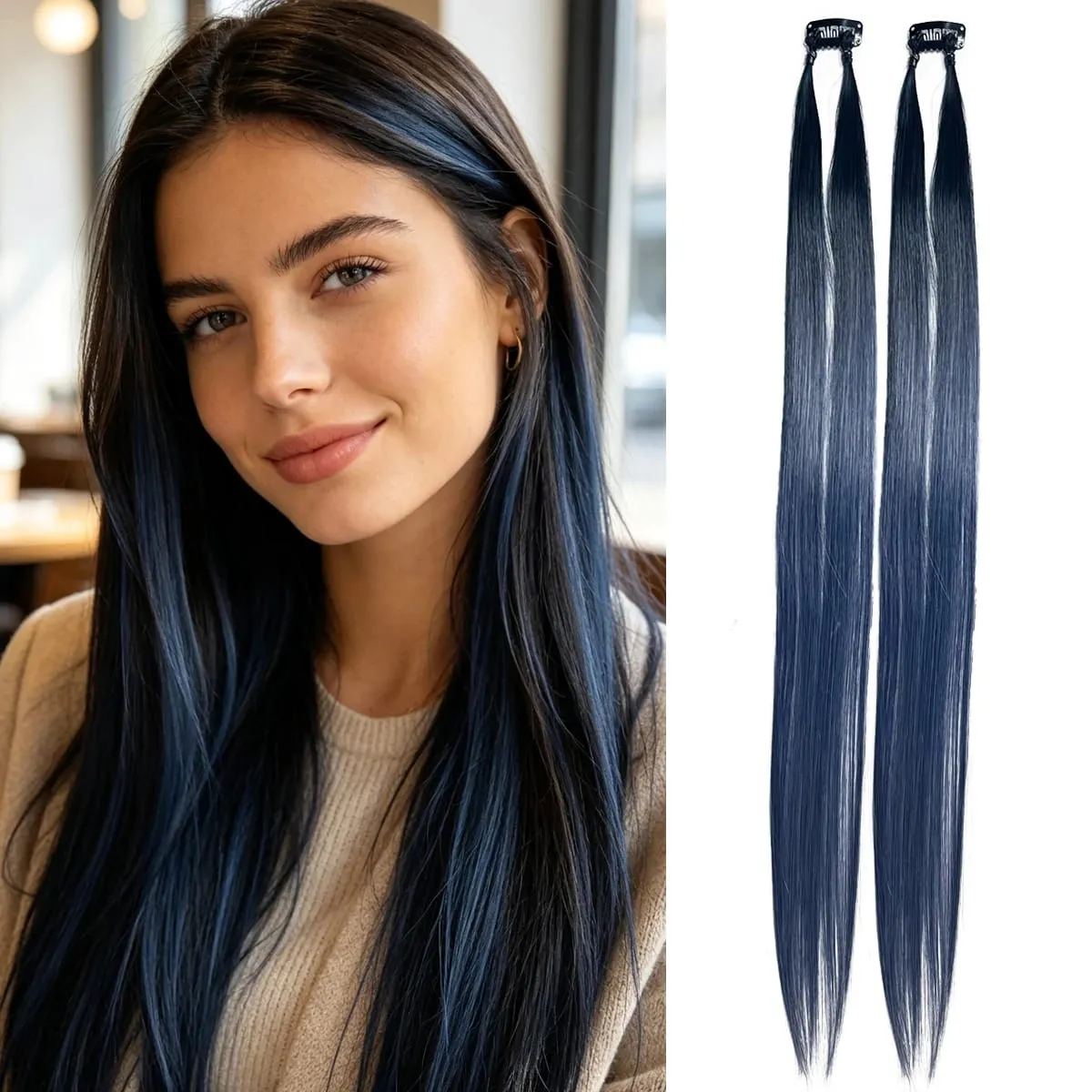 Clip‑in Hair Extensions Long Straight Ombre Synthetic Hair Pieces 2Pcs/Set Fashion Highlight Hair For Women Hair Accessories