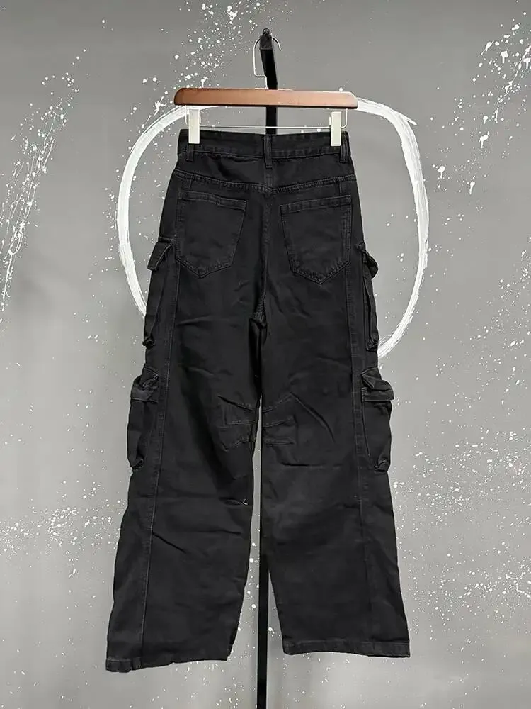 American Style Men Denim Pants Solid Color Multi-pocket Cargo Trousers Straight Wide Leg Loose Male Jeans Menswear 24K3020 — image 3
