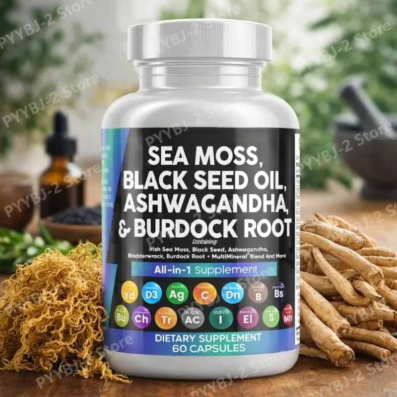 Sea Moss Capsules Contain Black Seed Turmeric & Vitamin D Plant-Based Daily Mineral All in One Supplement 60 Count Per Bottle — image 1