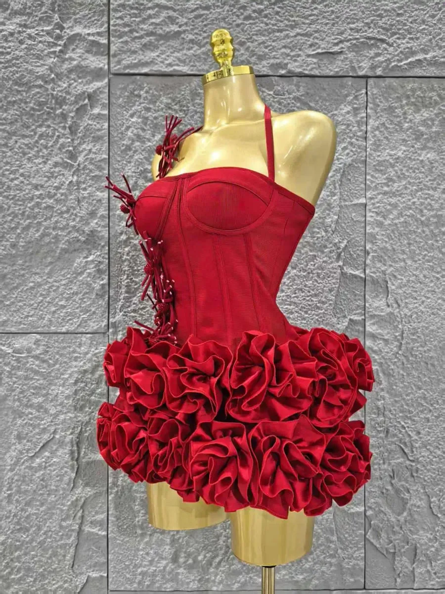 Elegant Skinny Luxury Birthday Party Red Black Bandage Outfit Women Sexy Halter Prom Gown Celebrity Club Two Piece Set Cocktail — image 2