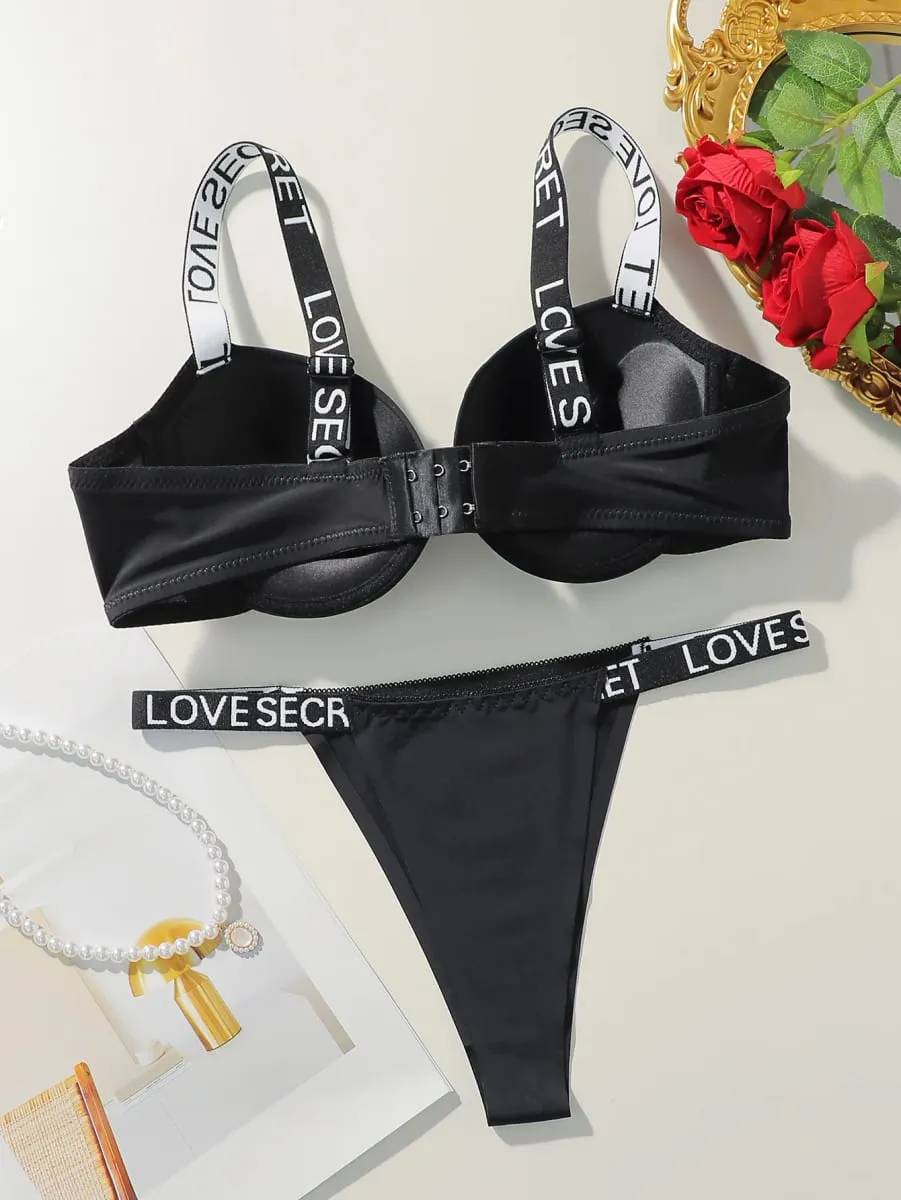 Viomisha Popular Sexy Letter Underwire Push Up Bra Lingerie Set for Women 2 Piece Solid Underwear Comfort Knit Strap — image 2
