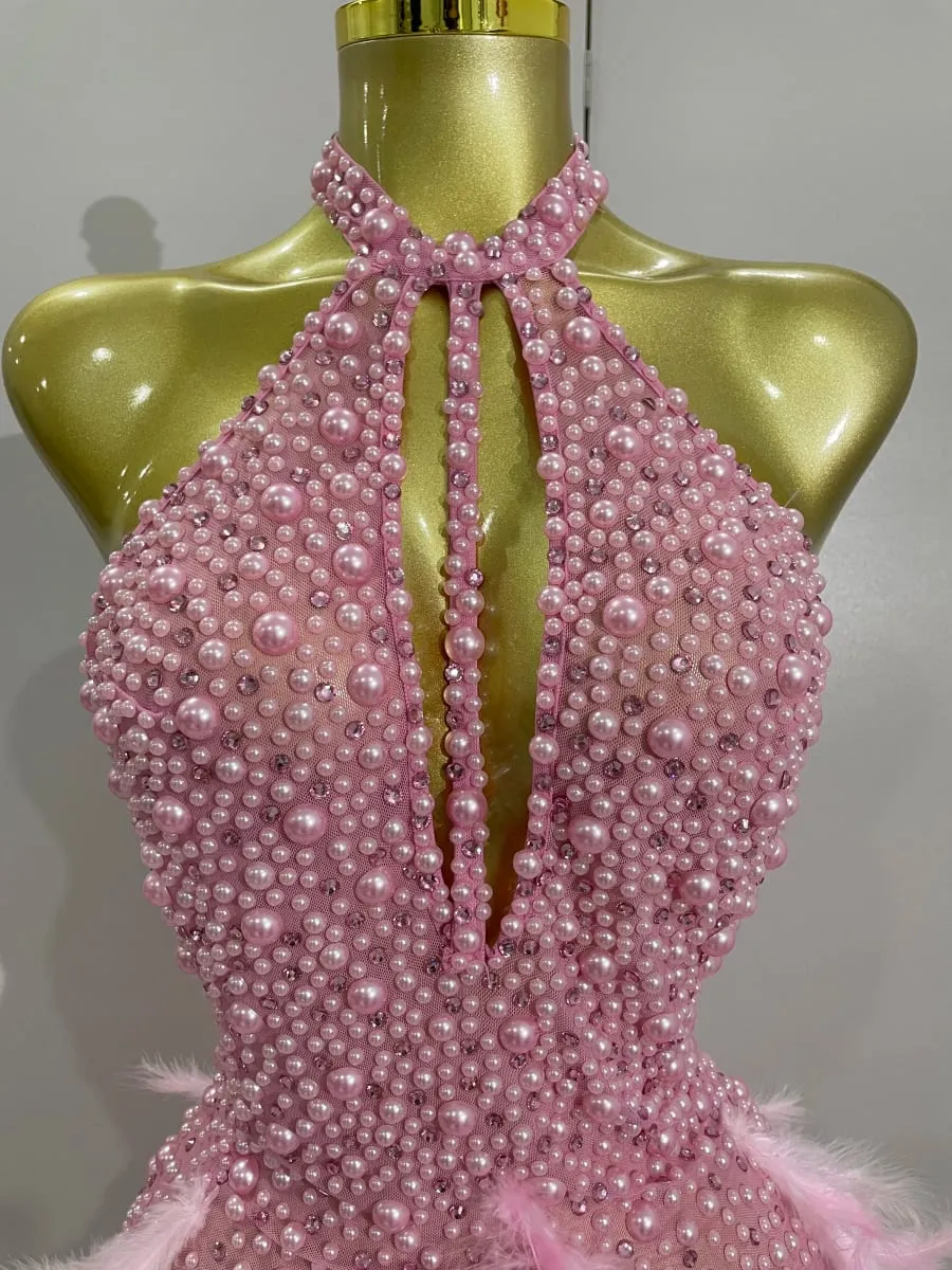 Women Luxury Rhinestones Pearls Feathers Halter Backless Short Dress Women Sexy Celebrate Birthday Dress Nightclub Stage Costume — image 5