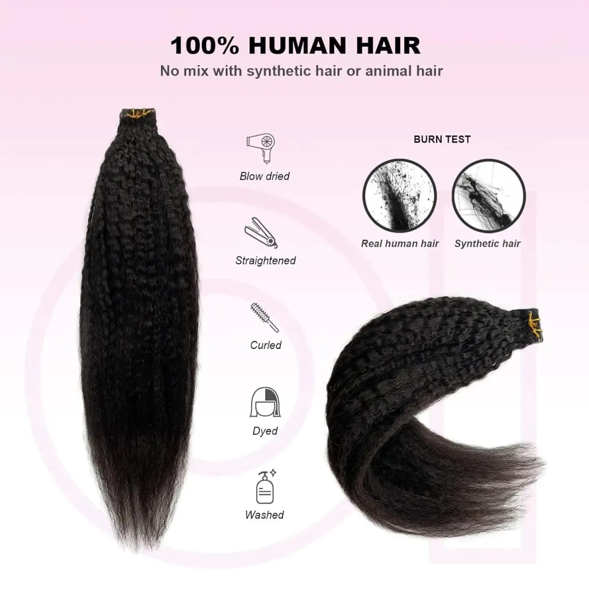 Kinky Straight Tape Ins Hair Extensions Invisible Adhesive Glue Natural Black Yaki Tapes in 100% Human Hair Full Head 50g/20Pcs — image 2