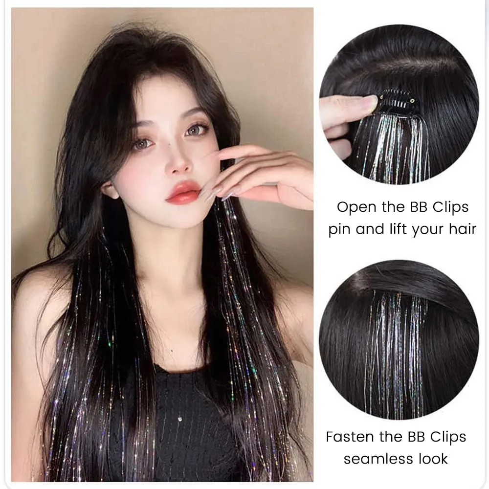 Shiny Sparkle Hair Extension Clip In Hair Tinsel Glitter Fairy Hair Tinsel Kit Heat Resistant 2Pcs Hair Streak Synthetic Hair — image 5