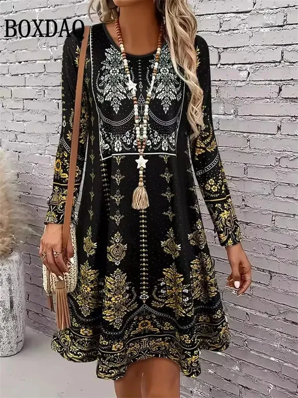 Women's Clothing Autumn Women Retro Flowers Dress Summer Vintage Causal Fashion Long Sleeve Floral 3D Printed Loose Dresses 2025