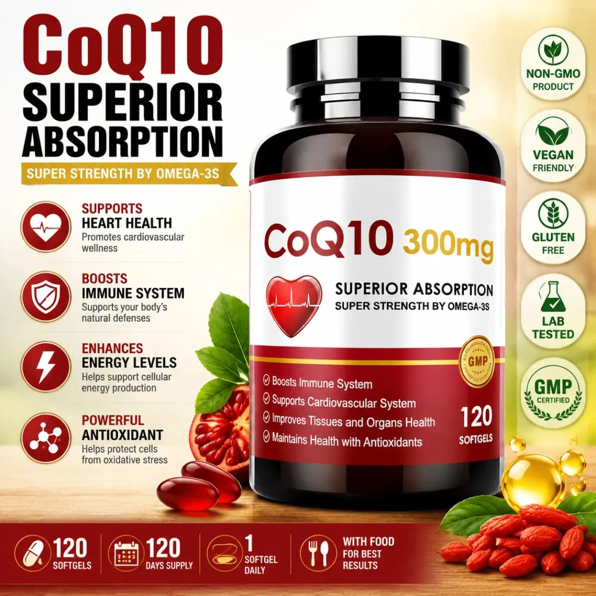 CoQ10 300mg Softgels with PQQ Omega-3 Coenzyme Q10 High Absorption Antioxidant Daily Energy Support Non-GMO 120 Count Adults — image 2