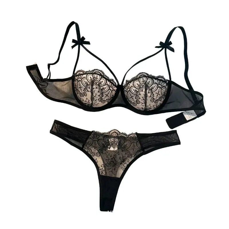 2-piece Women's Black Comfortable Lightweight Bow Womens Lace Embroidery Semi-Sheer Adjustable Strap Bra and Panty Set — image 1