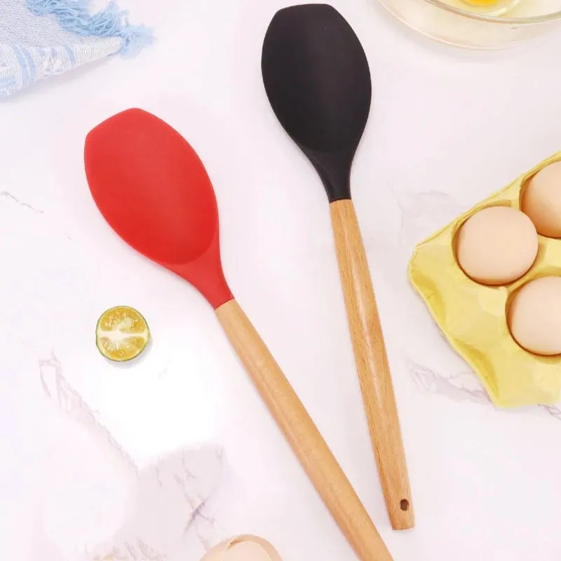 ♥Silicone Cooking Utensils with Wooden Handle – Heat-Resistant Spatula & Spoon for Non-Stick Pans