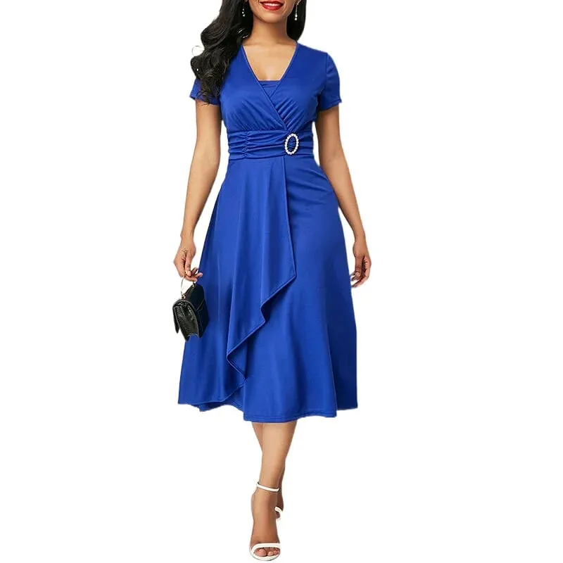 We.Fine Dress Women Solid Color Short Sleeve V Neck Asymmetric Hem Waist Midi Party Dress Elastic Female Dresses Woman Vestidos — image 7