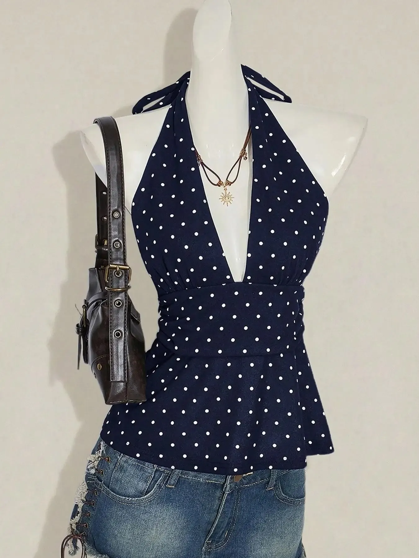 Ladies Polka Dot Backless Strap Top with Waist Pleating Design Adjustable Neck Strap Backless Strap Ladies Shirt — image 7