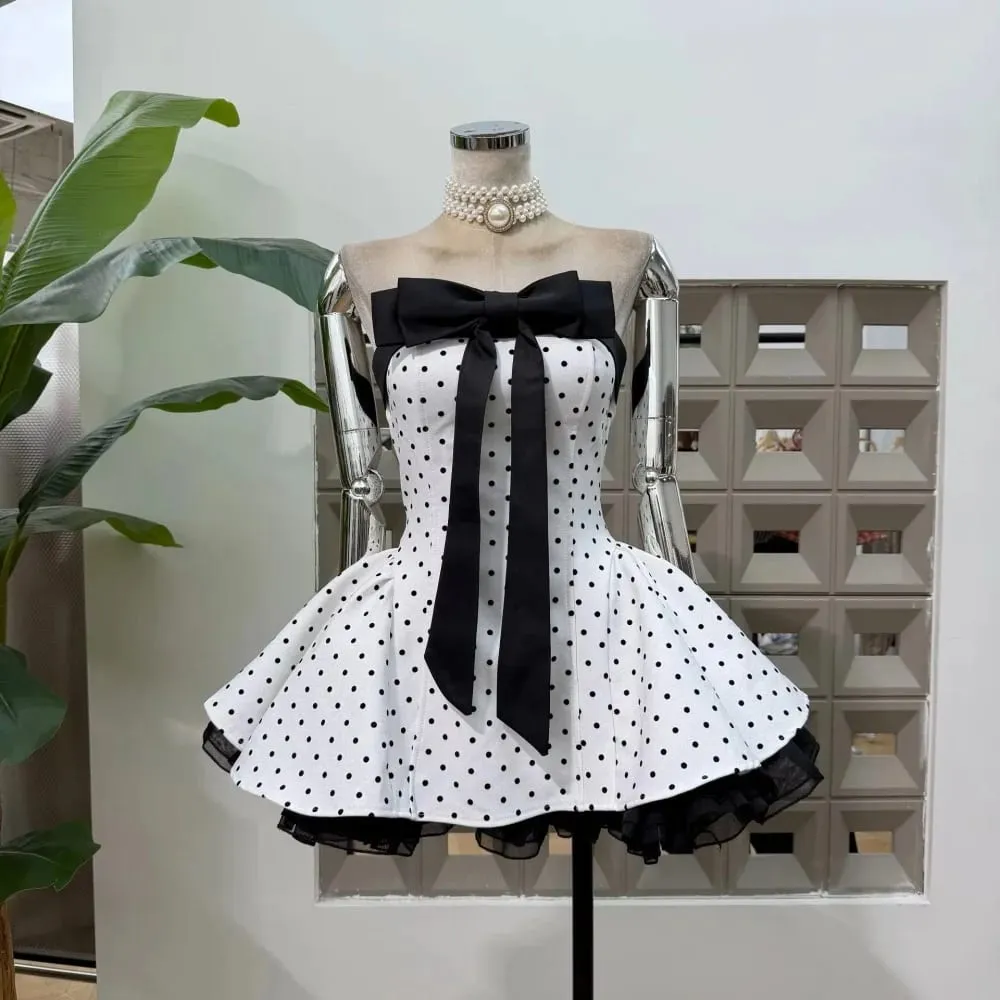 Women Sexy Strapless Backless Polka Dot Bow A Line Dress Party Birthday Evening Ball Gowns Nightclub Show Wear Fashion Vestido — image 1