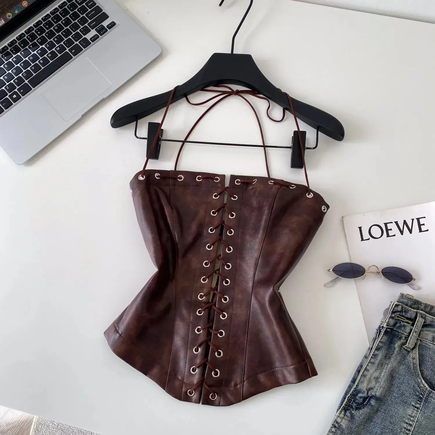 Sexy Bandage Pu Solid Tanks Top Vintage Corset Bustier Korean Autumn Camis Women Party Crop Top Y2k