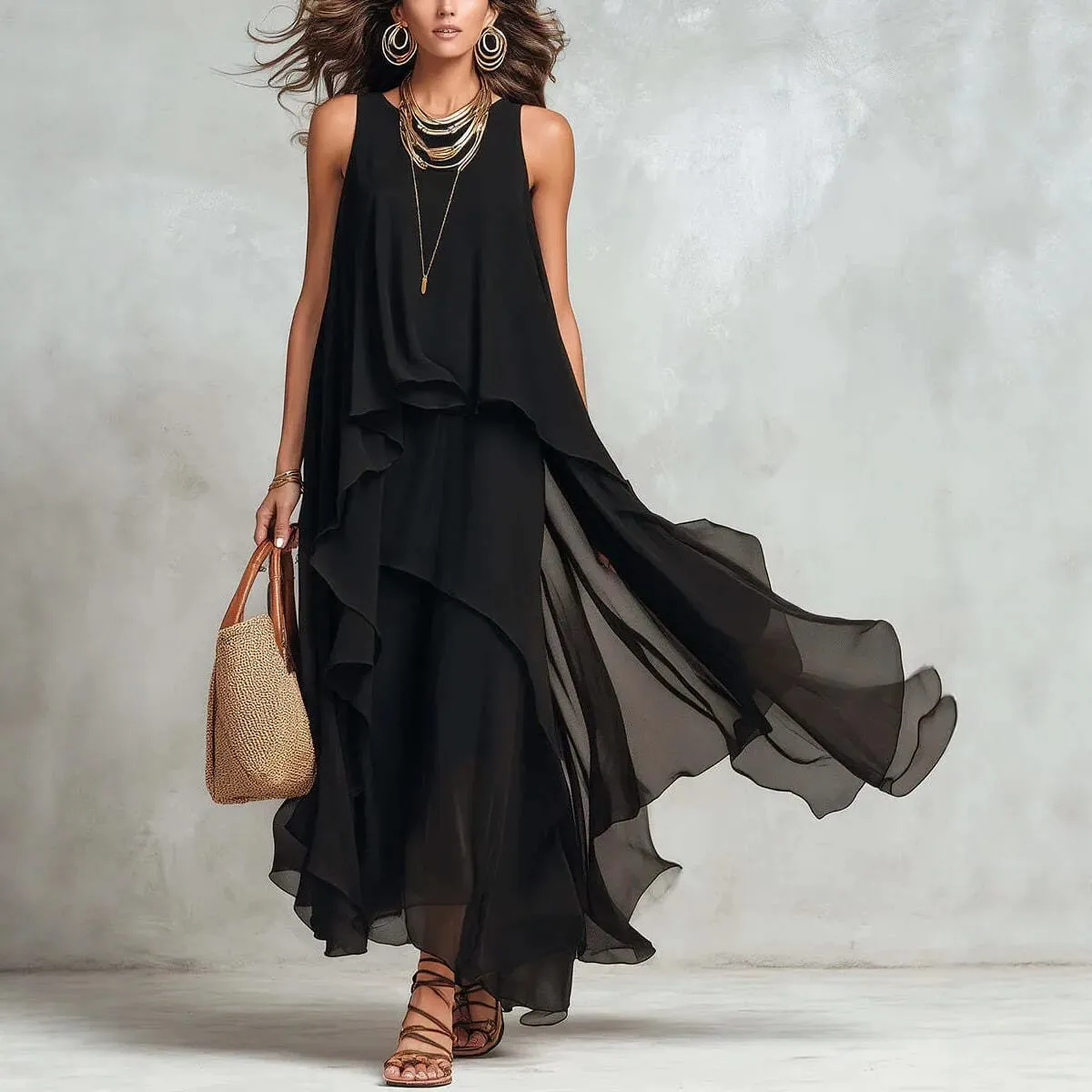 2026 New Black Sleeveless Irregular Chiffon Long Dress With Elegant Temperament For Women Dress — image 2