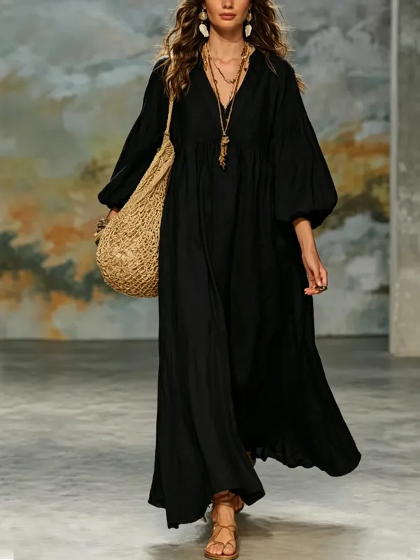 Women Bohemian Linen Maxi Dress V Neck Puff 3/4 Sleeve Loose Flowy Long Dress Casual Beach Vacation Sundress — image 6