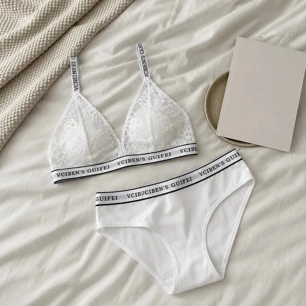 Comfortable Letter Design Lingerie Set Deep V Wireless Women Underwear Suit Color Blocking Lace Bra Panties Set Daily