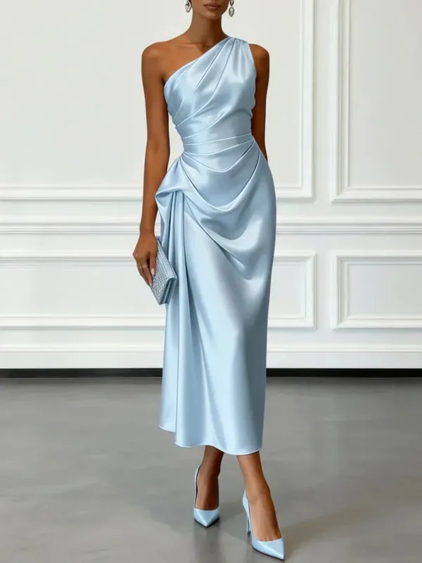 Elegantes One-Shoulder-Midikleid aus Satin mit Rüschen für eine formelle Abend-Cocktailparty
