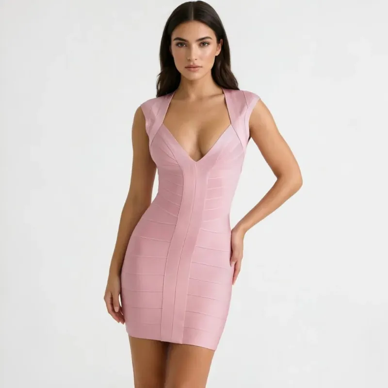 Luxury Fashiong Trendy Pink Bandage Dress Plunge V Sexy Slim Evening Dresses Birthday Wedding Celebrity Lady Vestidos — image 12