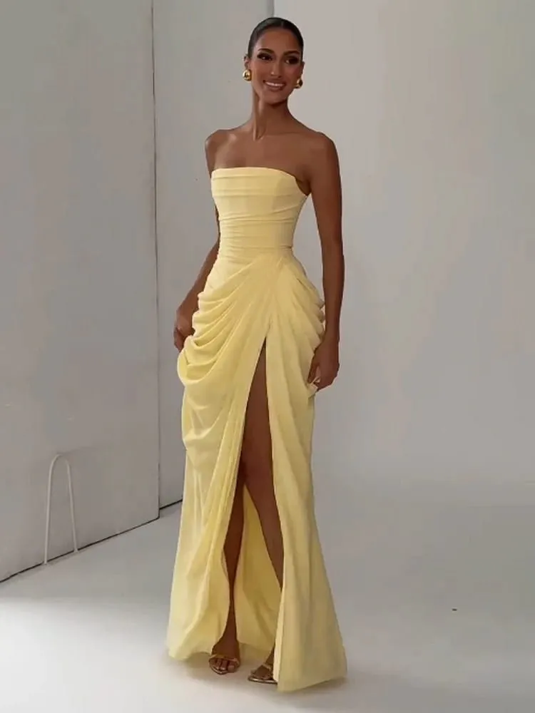 Dámské sexy jednobarevné plisované šaty dámské elegantní bez ramínek, bez ramínek, s vysokým pasem, rozděleným šatem 2026 letní večerní společenské šaty — image 3