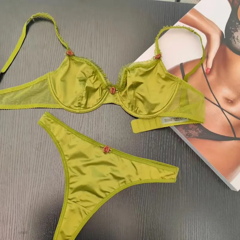 4 Color Fashion Women Lingerie Set Sexy Lace Ultra Thin Comfort Bra French Silk Satin Underwear Bralette Ladies Bras and Thongs — image 3