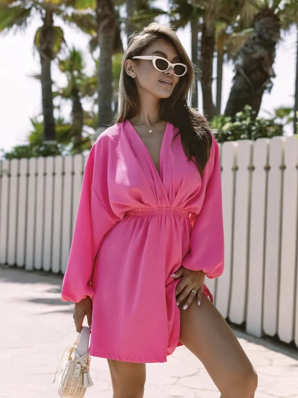 Casual Loose Women'S Dress 2024 Fashion Solid V Collar Puff Sleeve Mini Dresses Elegant Female Sexy Dress — image 1