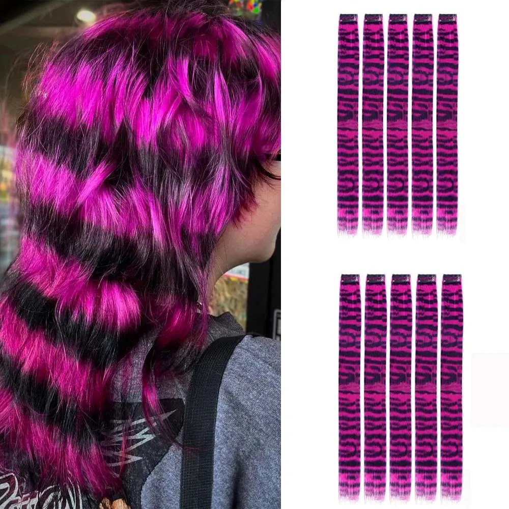 10pcs/set Stripe Printed Hair Colorful Long Straight Hair Pieces Synthetic Clip-in Hair Extensions for Daily Use Party Halloween — image 9