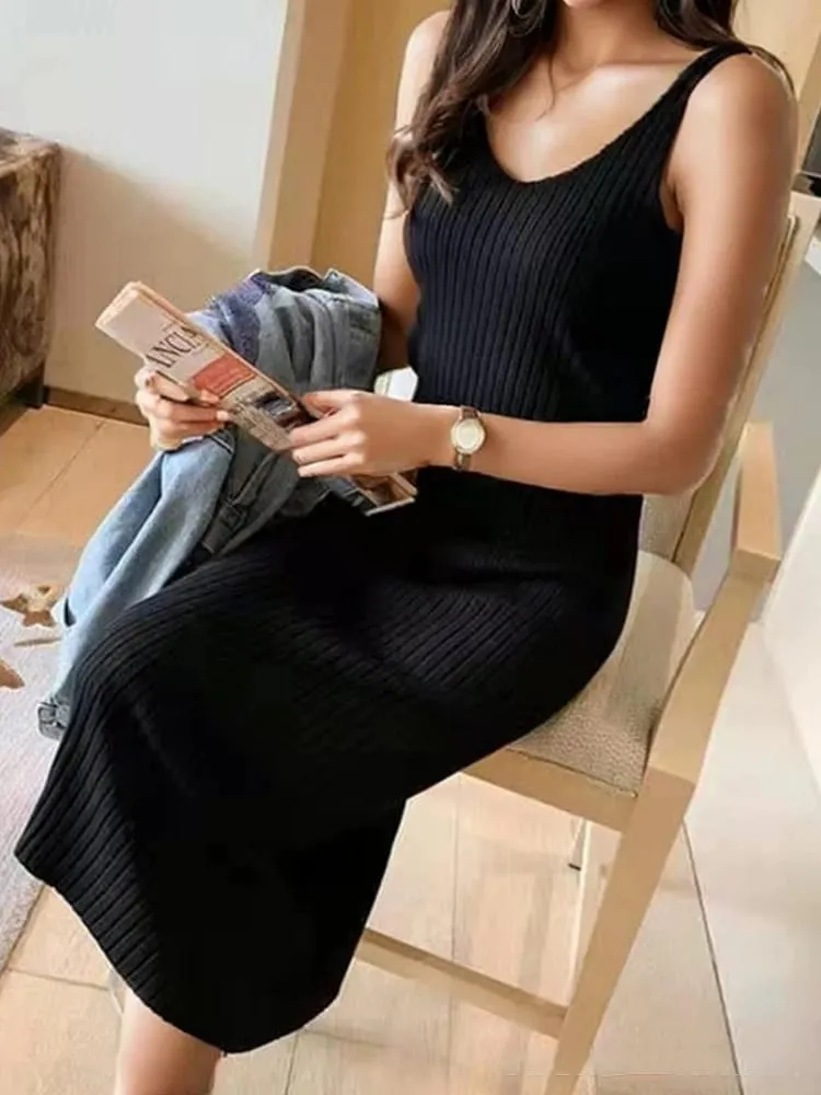 V Neck Sleeveless Elegant Knitted Slip Dress for Women Fashion Sexy Bodycon Casual Long Dresses Autumn Spring Bottoming Clothes — image 2
