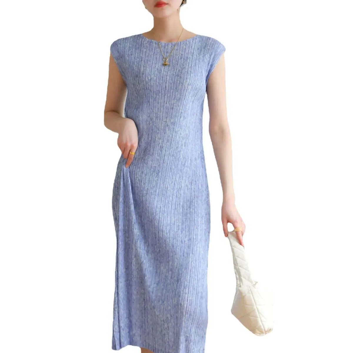 Miyake Pleated Solid Color Sleeveless Dress 2025 Summer New Draped Floral Print Temperament Commuter Casual Fashion Dresses — image 5