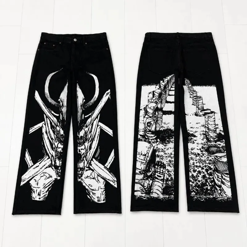 Anime Print Baggy Jeans Men Harajuku Hip Hop Black Denim Pants Streetwear Y2K Manga Graphic Wide Leg Trousers Gothic Clothes — image 4