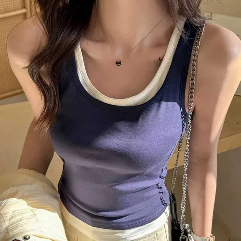Y2K Fake Two Pieces Tank Tops for Women Fashion Contrast Color Round Collar Sleeveless Vest 2026 Summer New Slim Short Camis — image 11