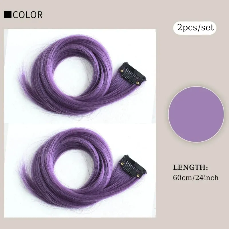 2PCS/SET Colored Party Highlights Clip in Hair Extensions 24inch Long Straight Hair Clips Hairpiece for Halloween Christmas Wear