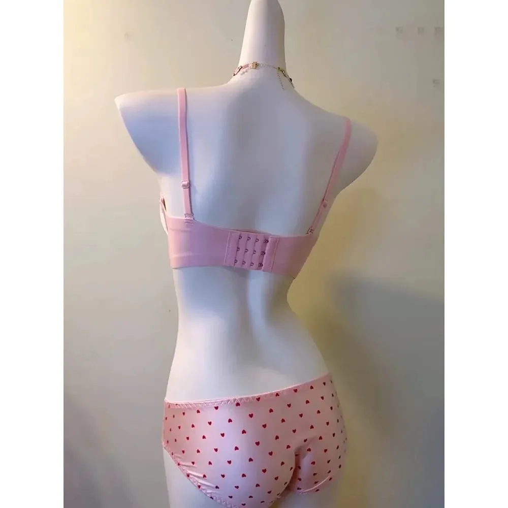 Sweet Girls Heart Lace Bra Set Sexy Push Up Lingerie for Small Breast Anti Sag Side Support Underwear 32‑38AB Bra Set
