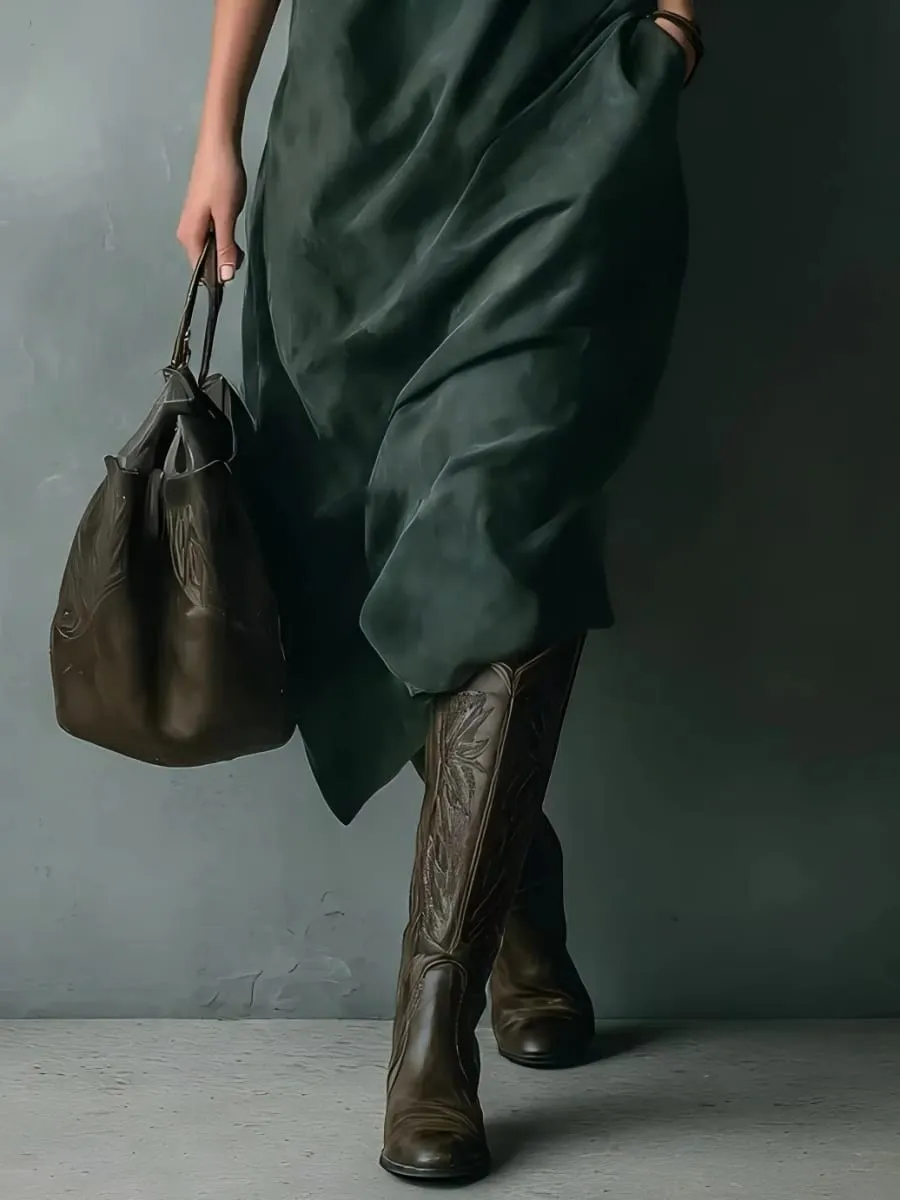 หนังนิ่มชุดใหม่กระเป๋าหลวมยาวชุดลำลองสีทึบ Midi Relaxed Fit หญิงเสื้อผ้าฤดูใบไม้ร่วงฤดูหนาวชุด